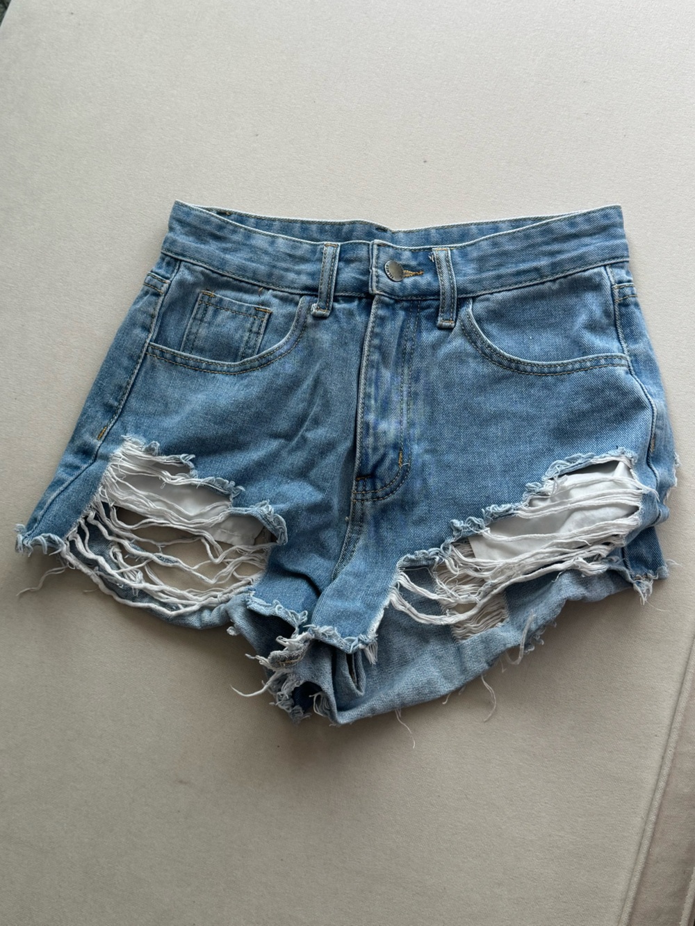 Light Blue Distressed Denim Shorts - Women's Casual Cutoffs